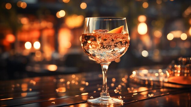 Празднование ночью выпить стакан алкоголя на столе крупным планом