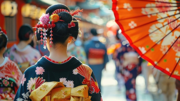 写真 日本国誕生記念日 日本の国服を着た少女 ワガサ 日本の傘 日本の街区を背景に