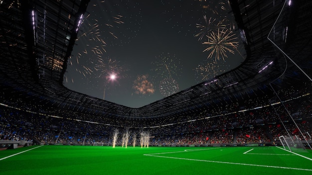 Фото Празднование на арене футбольного стадиона, фейерверк, эффект, болельщики открывают игру, 3d рендеринг