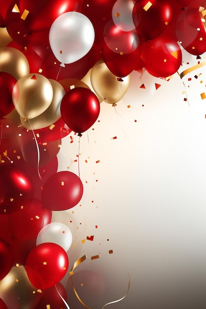 Celebration party banner background with red and gold balloons and confetti with empty copy space