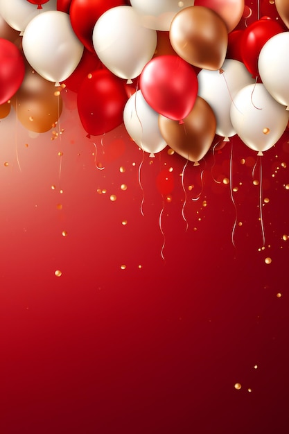 Photo celebration party banner background with red and gold balloons and confetti with empty copy space