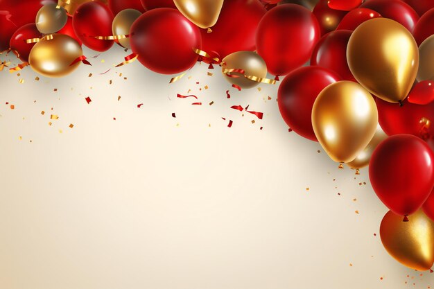 Celebration party banner background with red and gold balloons and confetti with empty copy space