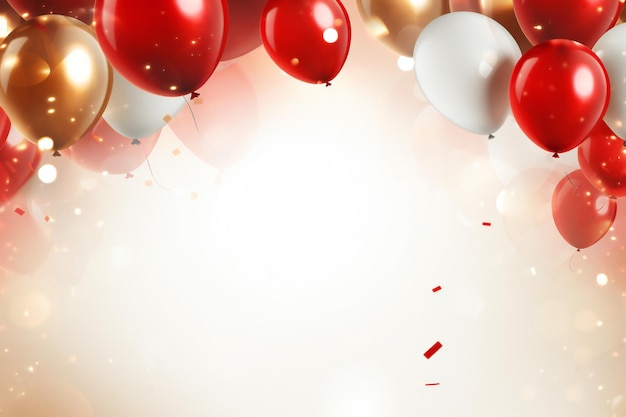 Photo celebration party banner background with red and gold balloons and confetti with empty copy space