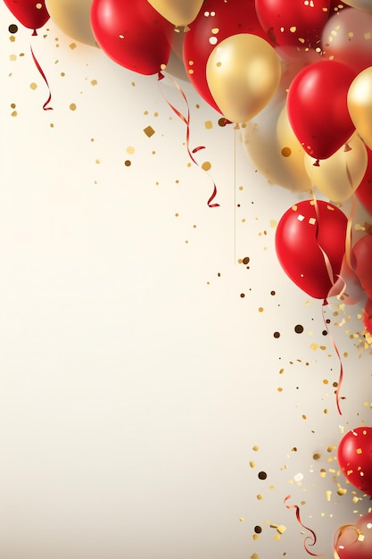 Photo celebration party banner background with red and gold balloons and confetti with empty copy space