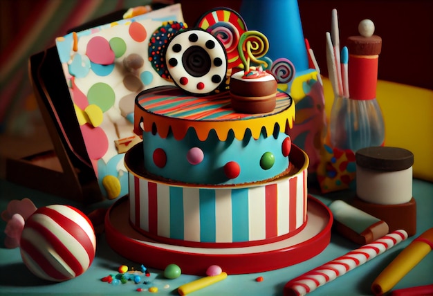 アイシングやデコレーションが盛りだくさんのお祝いパーティーバースデーケーキ Generate Ai
