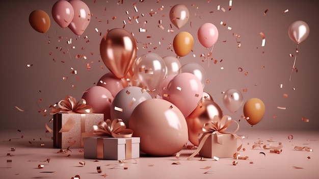 Celebration pink background with pink gold balloons gifts and confetti AI generated