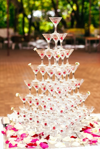 Celebration. Pyramid of champagne glasses.