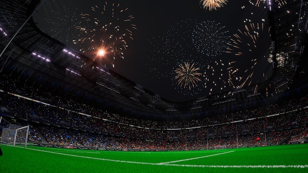 Celebrazione sui fan degli effetti dei fuochi d'artificio dell'arena dello stadio di calcio che aprono il gioco 3d rendono