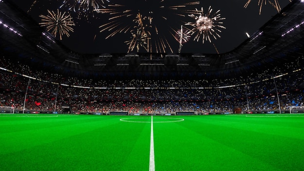 Celebrazione sui fan degli effetti dei fuochi d'artificio dell'arena dello stadio di calcio che aprono il gioco 3d rendono