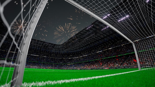 Celebrazione sui fan degli effetti dei fuochi d'artificio dell'arena dello stadio di calcio che aprono il gioco 3d rendono