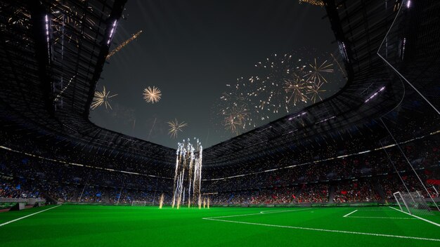 Foto celebrazione sui fan degli effetti dei fuochi d'artificio dell'arena dello stadio di calcio che aprono il gioco 3d rendono