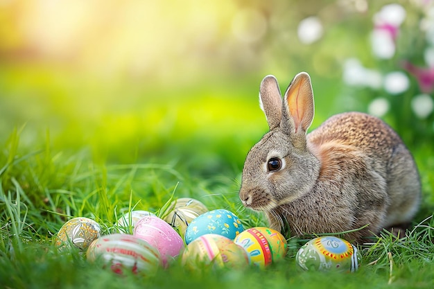 Celebration of Spring with an Easter Bunny and Colorful Eggs