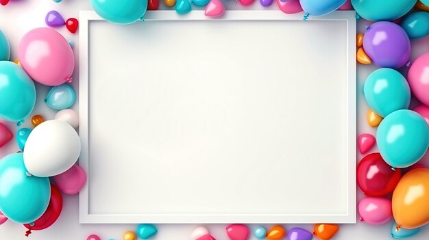 celebration text frame colorful balloons surrounding a blank white canvas background