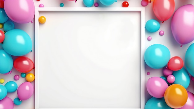 Celebration text frame colorful balloons surrounding a blank white canvas background