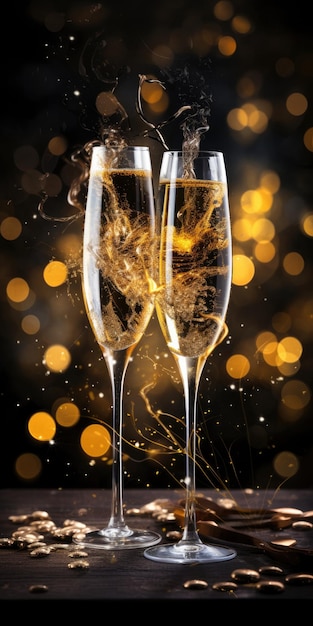 Foto brindisi di celebrazione con champagne su uno sfondo scuro e dorato scintillante