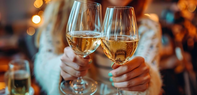 Celebration toast with champagne glasses against festive lights background