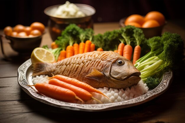 Photo a celebration of tradition gefilte fish with carrots lettuce and horseradish a passover delicac