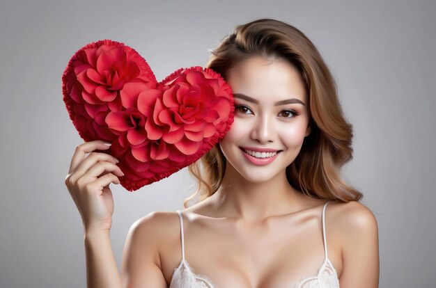 Foto celebrazione per il giorno di san valentino con una bella giovane donna tiene un cuore rosso nelle sue mani