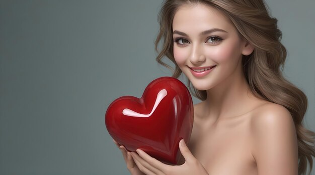 Foto celebrazione per il giorno di san valentino con una bella giovane donna tiene un cuore rosso nelle sue mani