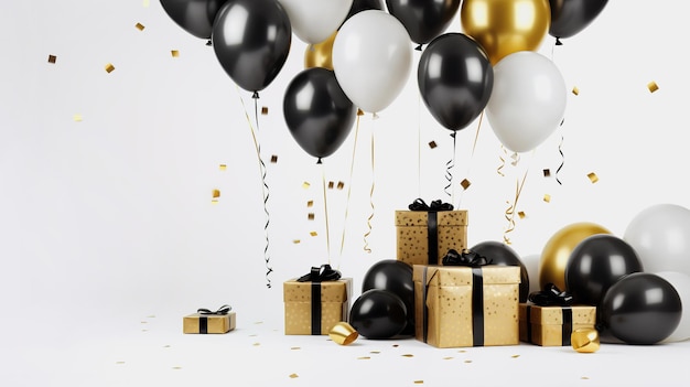 Celebration white background with black and gold balloons gifts and confetti