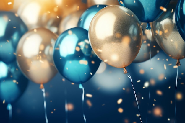 Празднование с аранжировкой синих и золотых красочных воздушных шаров Генеративный ИИ