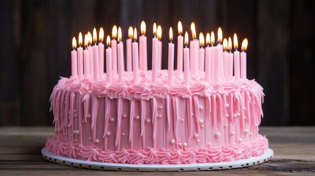 Celebrationready pink cake featuring a golden star birthday candle