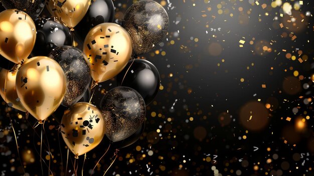 Celebrations background with black and golden balloons serpentine confetti sparkles