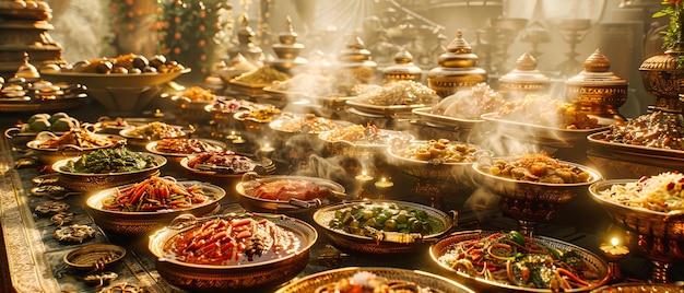 Foto banchetto celebrativo un tavolo festivo con diversi piatti che invita gli ospiti a una deliziosa esperienza culinaria