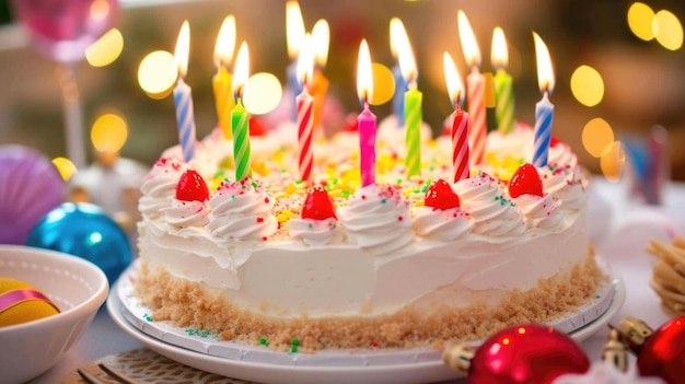 Celebratory Birthday Cake with Candles and Festive Decorations