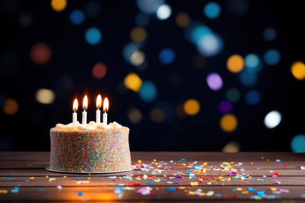 Celebratory Birthday Cake With Lit Candles Aglow Against a Festive Bokeh Background at Night