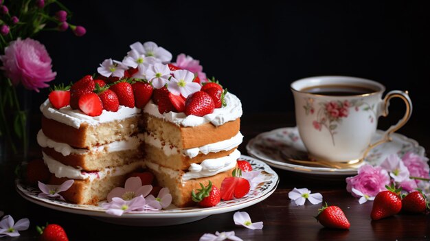 Celebratory cake with strawberry flowers and tea