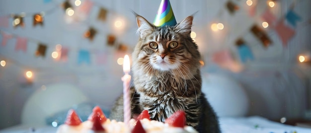 Foto un gatto celebrativo che indossa un cappello da festa si siede davanti a una torta di compleanno con una candela accesa