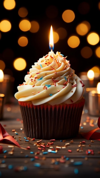 Celebratory cupcake lively candles wrapped gift radiating birthday cheer with flames Vertical Mobi