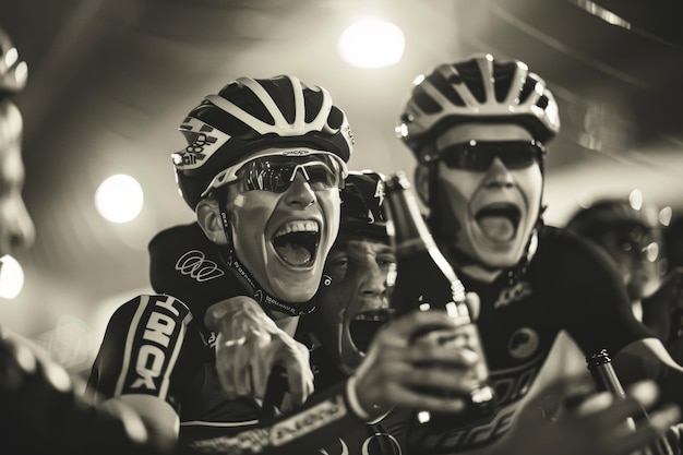 Photo celebratory cyclists embracing and toasting after a triumphant race at the olympic velodrome