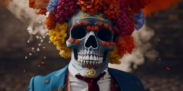 Celebratory Day of the Dead Skull Vibrant Art with Smoke and Flower Crown Generative AI