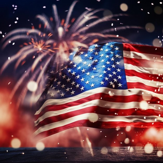 Праздничный фейерверк на фоне американского флага в День независимости США