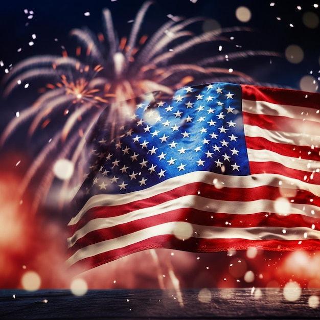 celebratory fireworks on background of american flag at usa independence day