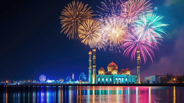 Celebratory fireworks illuminating the sky on Eid the end of Ramadan