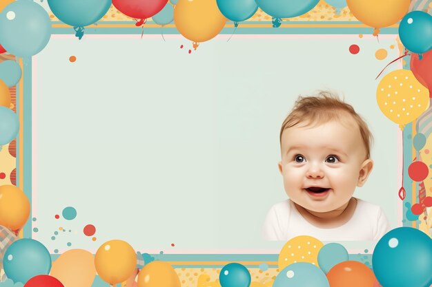 Celebratory frame with balloons and baby