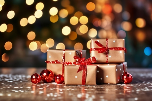 Celebratory gift boxes tied with grand red bows twinkle amid bokeh lights