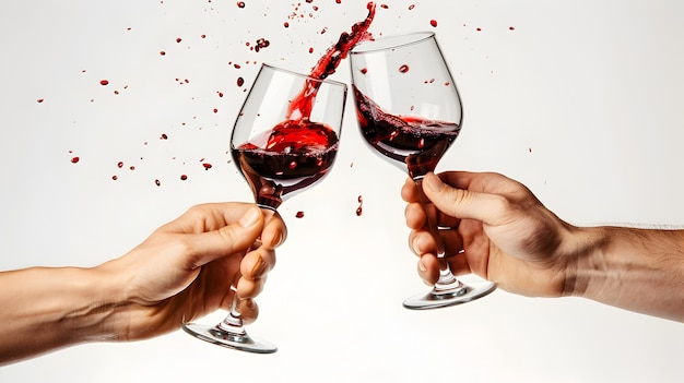 Foto mani festeggianti che brindano a bicchieri di vino rosso su uno sfondo bianco