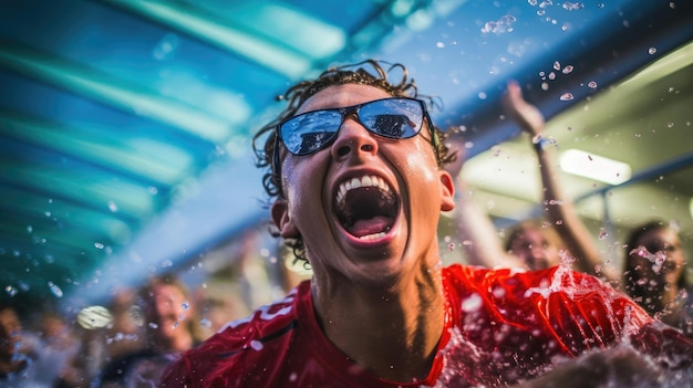 Foto momento di celebrazione per il nuotatore vibrante giubilo della squadra di piscina