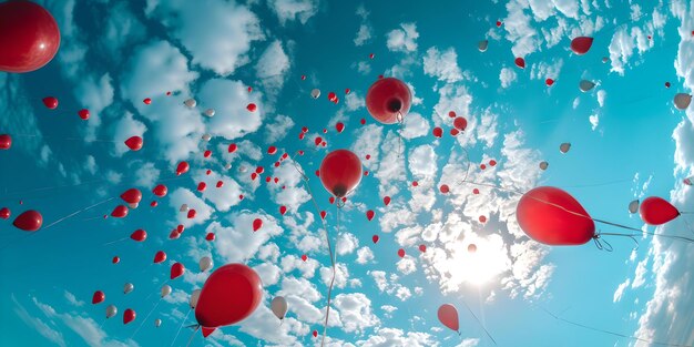 Celebratory red balloons soaring high in a clear blue sky joyful festive occasion ideal for background or event decor AI