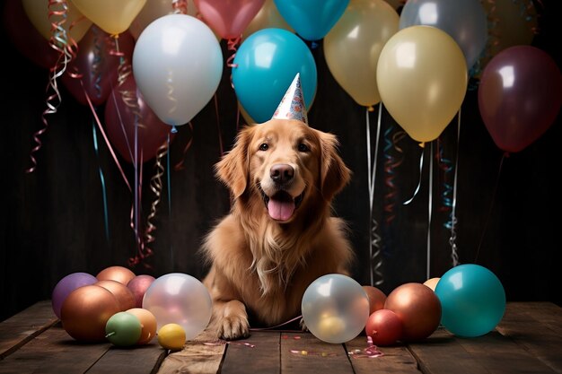 Celebratory Retriever with Party Hat Surrounded by Festive Decor Generative Ai