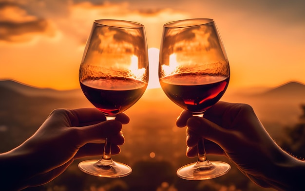 Celebratory toast with red wine at sunset two people holding wine glasses