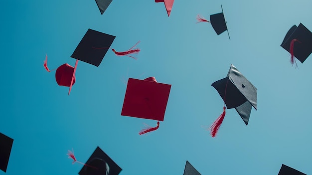 Photo celebratory toss of graduation caps into a clear blue sky