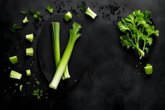 Celery composition flat lay with free space for copy black crystal background