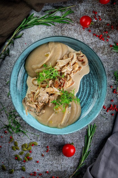 Celery puree with mushrooms and beef