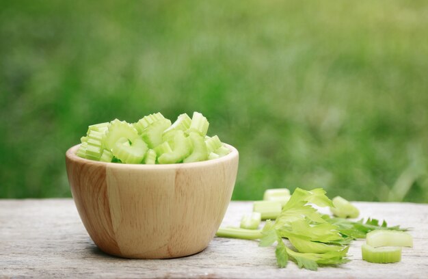 Celery slices on bowl for healthy eating with fiber 