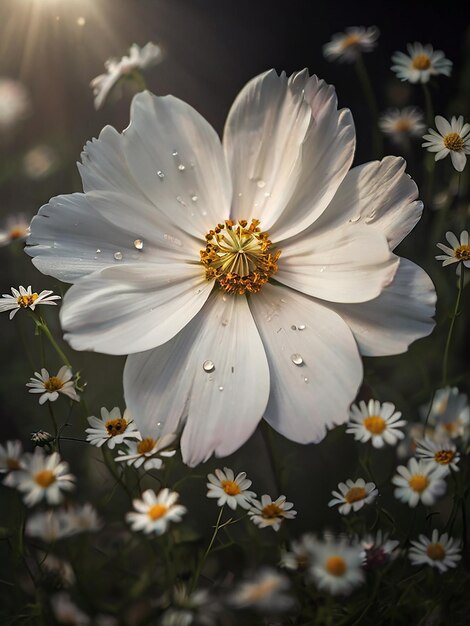 A celestial bloom the white cosmos shimmers with silver and gold specks